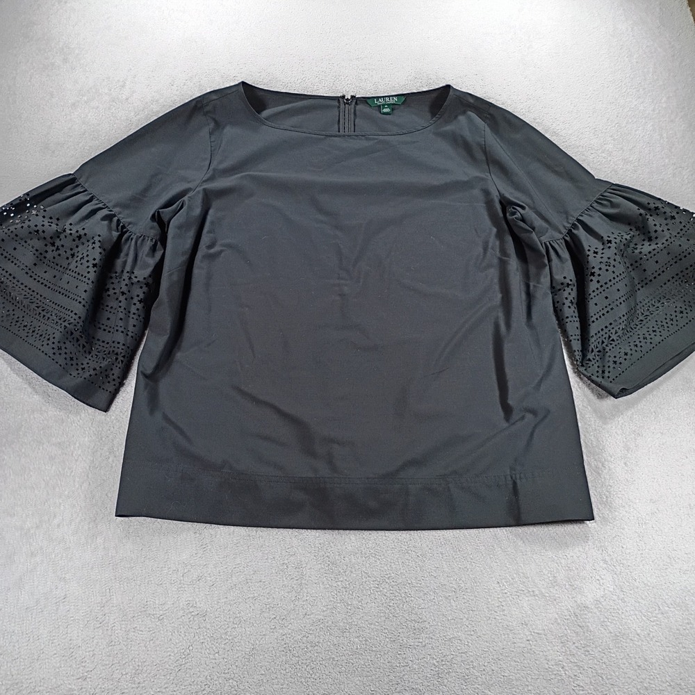 Lauren Ralph Lauren Womens Blouse Black XL Eyelet Bell Sleeve Top